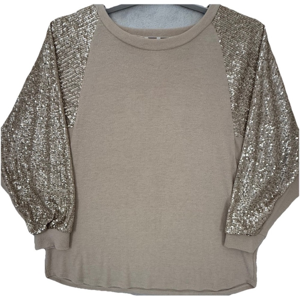 7th Ray Sequined Sleeve Sweater Beige XL Shiny Stretch Comfort Y2K Dressy Casual